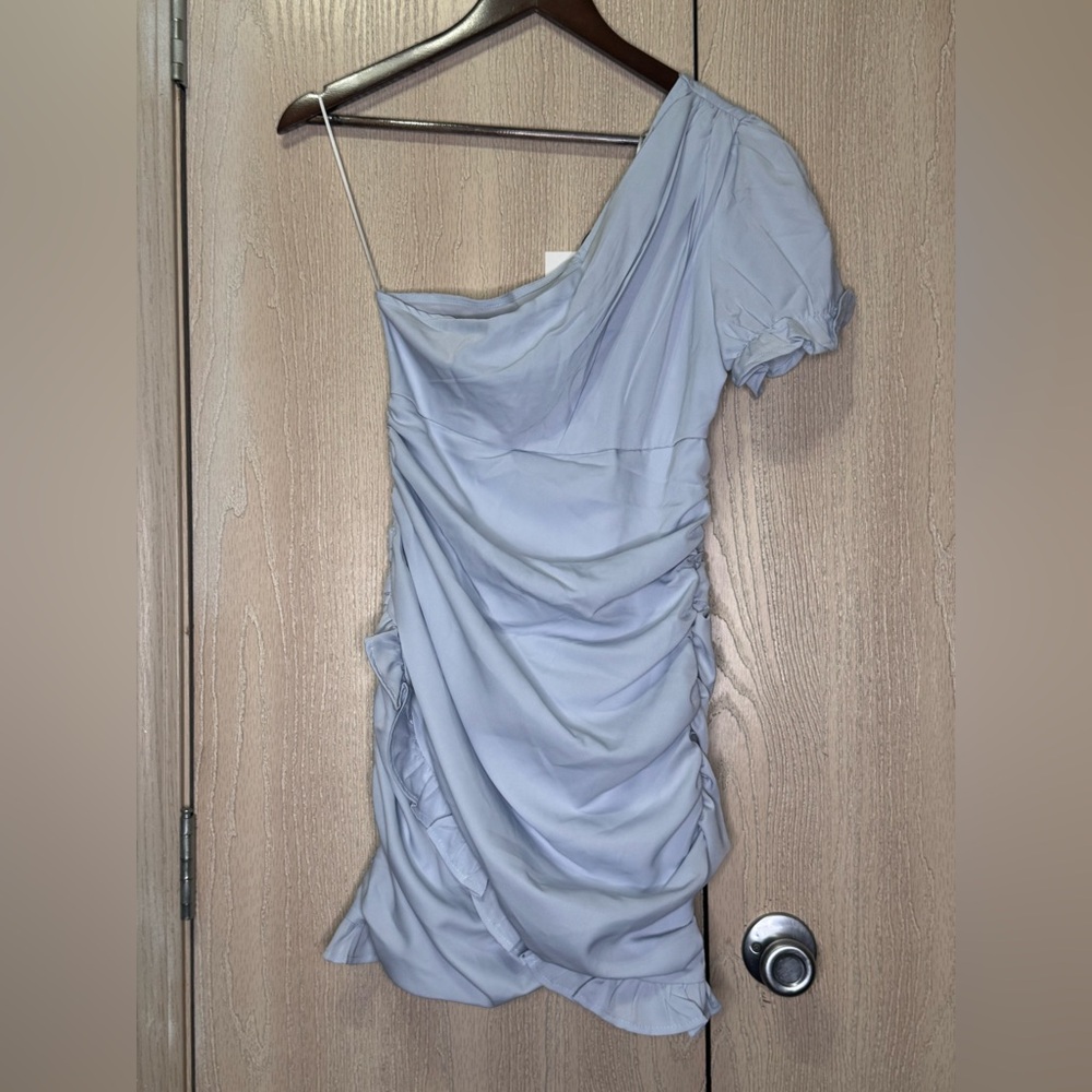 Hello Molly Light Blue Ruched One-Shoulder Dress - Picture 5 of 13